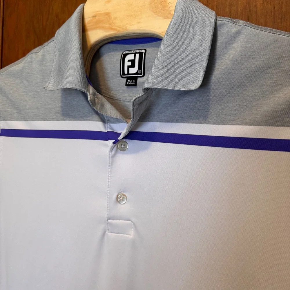 Footjoy‎ FJ Athletic Fit Mens Golf Polo Shirt White Grey L Mayfield Sand Ridge